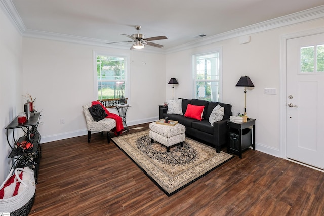 101 Poplar Ave, Belton, SC 29627 - living room featuring wood finished floors, baseboards, crown molding, and ceiling fan