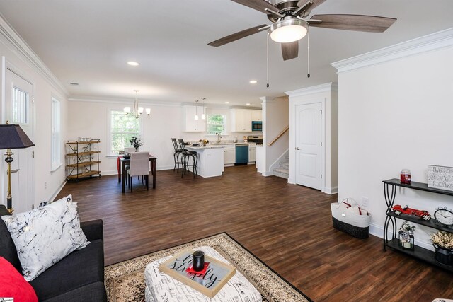 101 Poplar Ave, Belton, SC 29627 - living room with a ceiling fan, dark wood-style flooring, ornamental molding, stairs, and recessed lighting