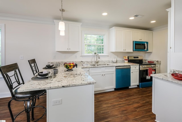 101 Poplar Ave, Belton, SC 29627 - kitchen with a sink, dishwasher, stainless steel range with electric stovetop, crown molding, and dark wood finished floors