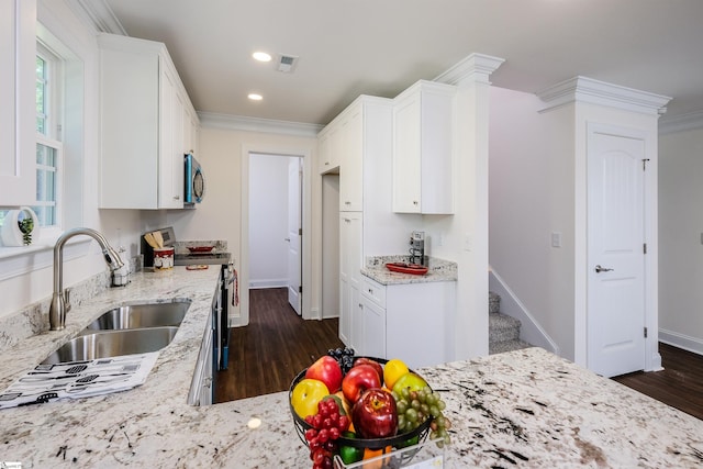 101 Poplar Ave, Belton, SC 29627 - kitchen featuring stainless steel appliances, a sink, light stone countertops, dark wood-style flooring, and ornamental molding