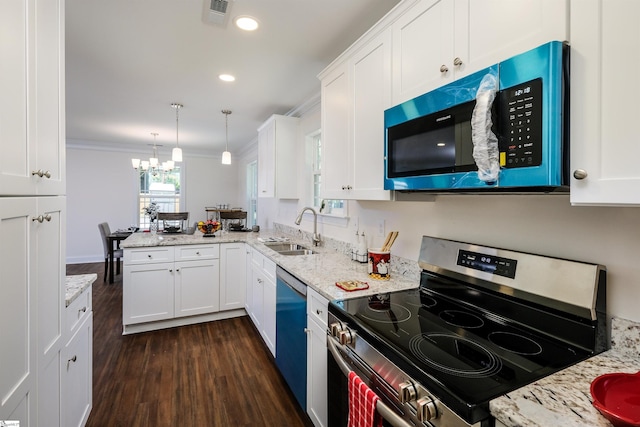 101 Poplar Ave, Belton, SC 29627 - kitchen featuring electric stove, a sink, ornamental molding, dishwashing machine, and a chandelier