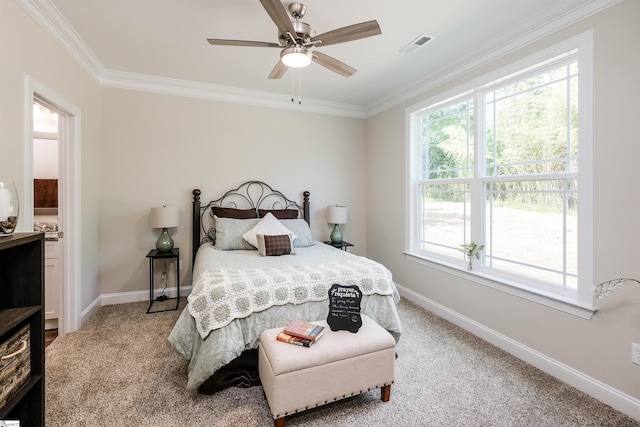 106 N St, Belton, SC 29627 - bedroom with light colored carpet, baseboards, ornamental molding, connected bathroom, and a ceiling fan