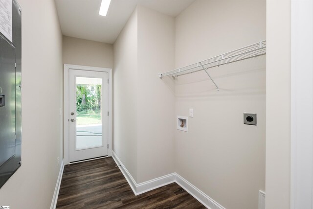 106 N St, Belton, SC 29627 - laundry area with electric dryer hookup, washer hookup, dark wood finished floors, and baseboards