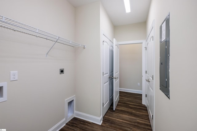106 N St, Belton, SC 29627 - washroom featuring electric dryer hookup, dark wood-style floors, baseboards, and electric panel