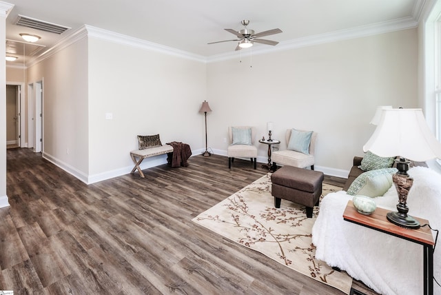 106 N St, Belton, SC 29627 - sitting room with a ceiling fan, attic access, wood finished floors, crown molding, and baseboards