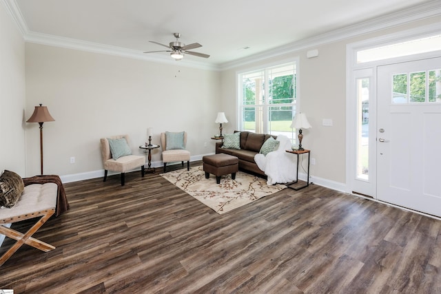 106 N St, Belton, SC 29627 - living room with wood finished floors, baseboards, crown molding, and ceiling fan