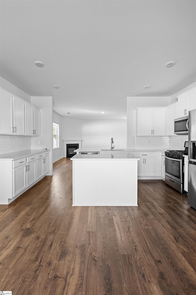 1072 Longstone Way, Spartanburg, SC 29306 - kitchen featuring stainless steel appliances, tasteful backsplash, a sink, white cabinetry, and dark wood-type flooring