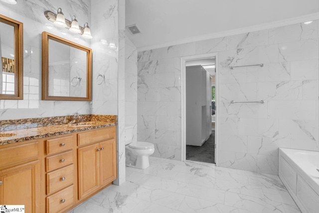 67 Devonhall Way, Taylors, SC 29687 - bathroom featuring tile walls, marble finish floors, vanity, toilet, and a bathtub