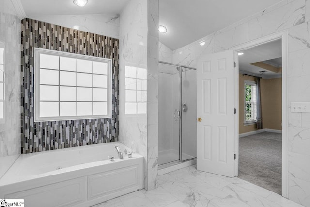 67 Devonhall Way, Taylors, SC 29687 - bathroom with a bath, a stall shower, and marble finish floors