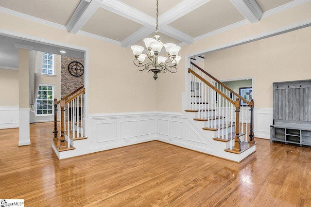 67 Devonhall Way, Taylors, SC 29687 - foyer with wood finished floors, stairway, beam ceiling, coffered ceiling, and a chandelier