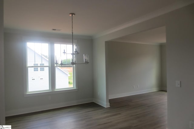 3140 Midway Rd Lot 97, Anderson, SC 29621 - unfurnished dining area featuring a chandelier, crown molding, healthy amount of natural light, and dark wood-style flooring