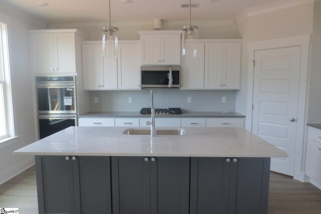 3140 Midway Rd Lot 97, Anderson, SC 29621 - kitchen featuring appliances with stainless steel finishes, backsplash, dark wood-style flooring, and white cabinetry