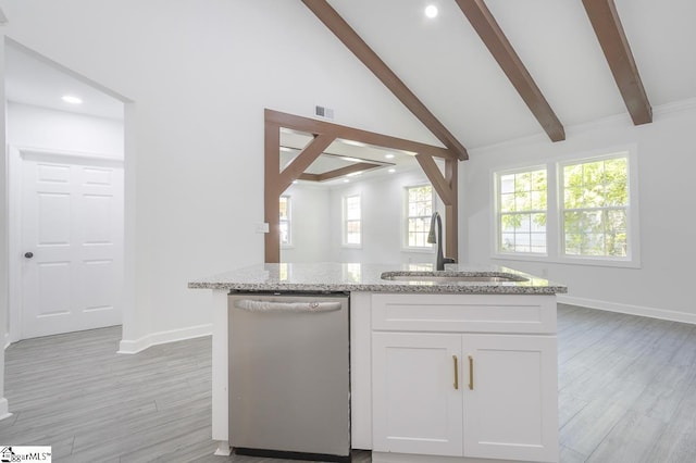 1008 Tribble St, Anderson, SC 29625 - kitchen featuring dishwasher, a sink, beam ceiling, light wood finished floors, and white cabinets