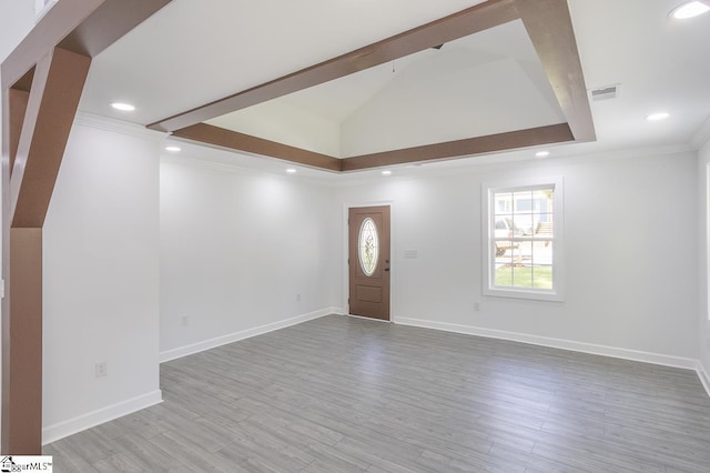 1008 Tribble St, Anderson, SC 29625 - foyer entrance featuring wood finished floors, baseboards, crown molding, recessed lighting, and lofted ceiling