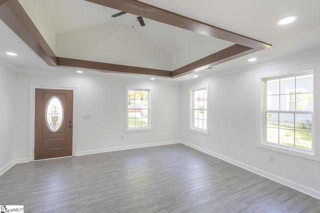 1008 Tribble St, Anderson, SC 29625 - foyer with a ceiling fan, crown molding, wood finished floors, lofted ceiling, and baseboards