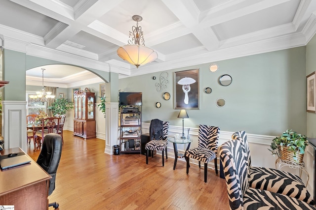 100 Claiborne Rd, Piedmont, SC 29673 - office area with light wood finished floors, arched walkways, a chandelier, coffered ceiling, and beam ceiling
