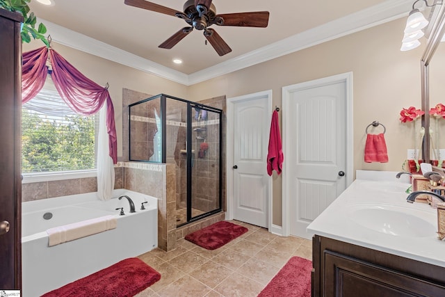 100 Claiborne Rd, Piedmont, SC 29673 - bathroom with a garden tub, a stall shower, double vanity, tile patterned floors, and a ceiling fan