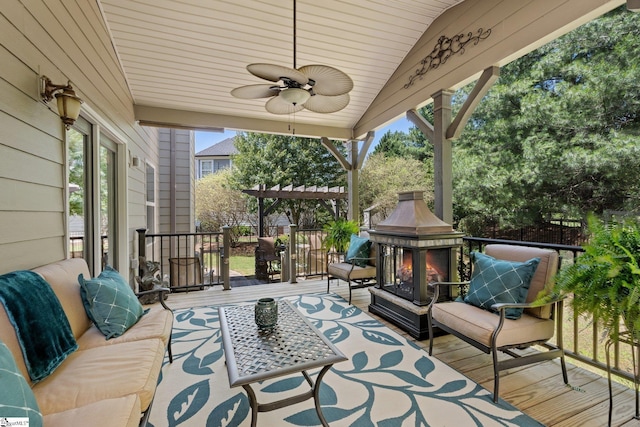 100 Claiborne Rd, Piedmont, SC 29673 - wooden deck featuring ceiling fan and an outdoor living space with a fireplace