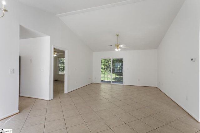 103 Berry Ct, Belton, SC 29627 - empty room featuring ceiling fan, vaulted ceiling, baseboards, and light tile patterned floors