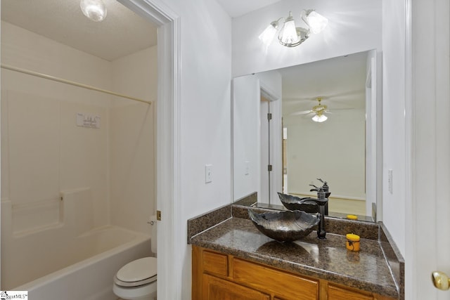 103 Berry Ct, Belton, SC 29627 - bathroom with toilet, vanity,  shower combination, and ceiling fan