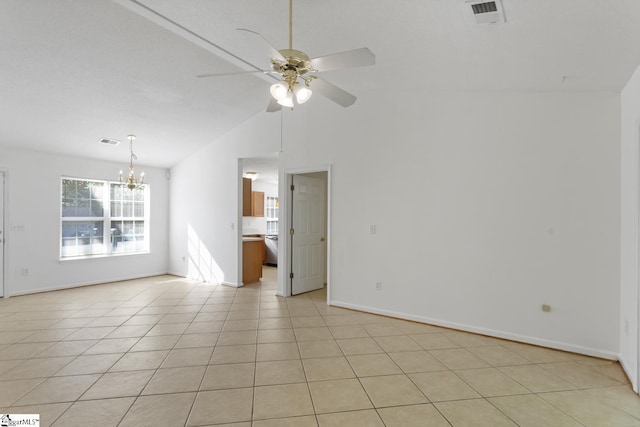 103 Berry Ct, Belton, SC 29627 - empty room featuring a chandelier, a ceiling fan, lofted ceiling, baseboards, and light tile patterned flooring