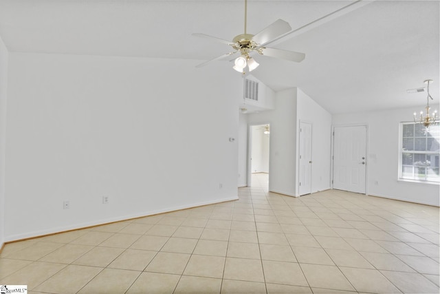 103 Berry Ct, Belton, SC 29627 - empty room with lofted ceiling, ceiling fan, a chandelier, and baseboards