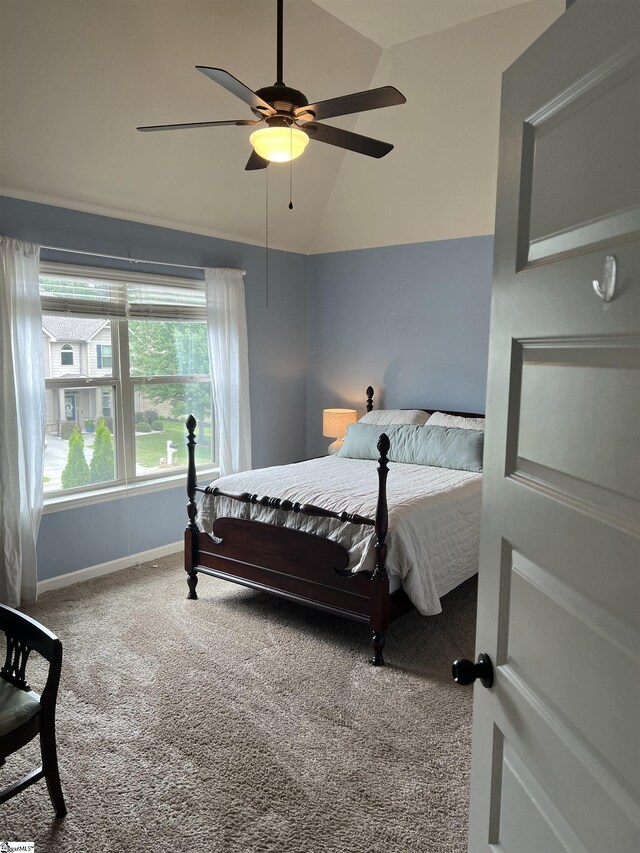 112 Cameron Creek Ln, Simpsonville, SC 29681 - carpeted bedroom featuring vaulted ceiling, baseboards, and ceiling fan