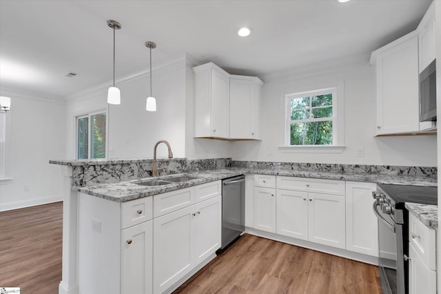 206 Daniels St, Anderson, SC 29625 - kitchen featuring stainless steel appliances, a sink, healthy amount of natural light, light wood-style flooring, and ornamental molding