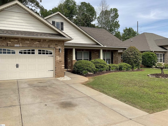 308 Raritan Ct, Simpsonville, SC 29681 - view of front facade featuring an attached garage, brick siding, a front lawn, concrete driveway, and a shingled roof