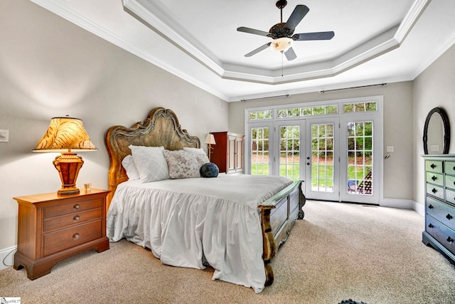 8 Knob Creek Ct, Greer, SC 29651 - carpeted bedroom featuring a raised ceiling, access to exterior, crown molding, baseboards, and french doors