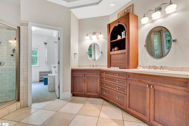 8 Knob Creek Ct, Greer, SC 29651 - bathroom featuring double vanity, a shower stall, tile patterned floors, and baseboards