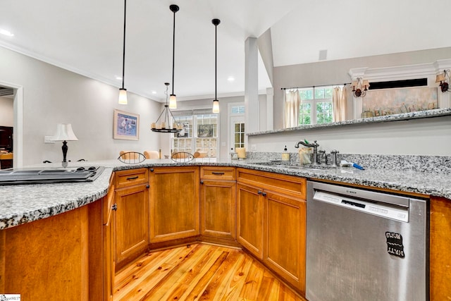 8 Knob Creek Ct, Greer, SC 29651 - kitchen with stainless steel dishwasher, light wood finished floors, brown cabinetry, light stone counters, and a sink