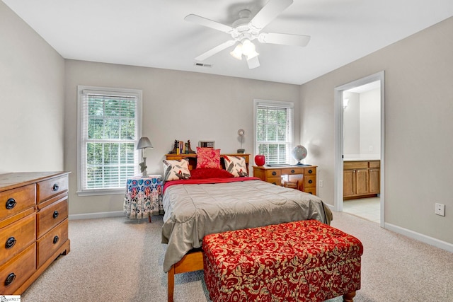 8 Knob Creek Ct, Greer, SC 29651 - bedroom featuring light colored carpet, baseboards, connected bathroom, and a ceiling fan