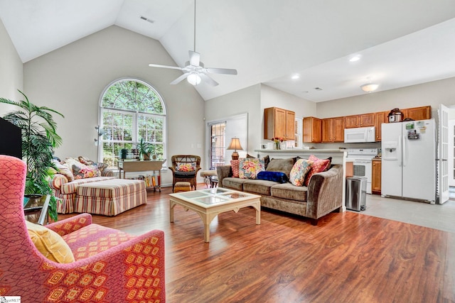 8 Knob Creek Ct, Greer, SC 29651 - living area featuring light wood finished floors, ceiling fan, high vaulted ceiling, and recessed lighting