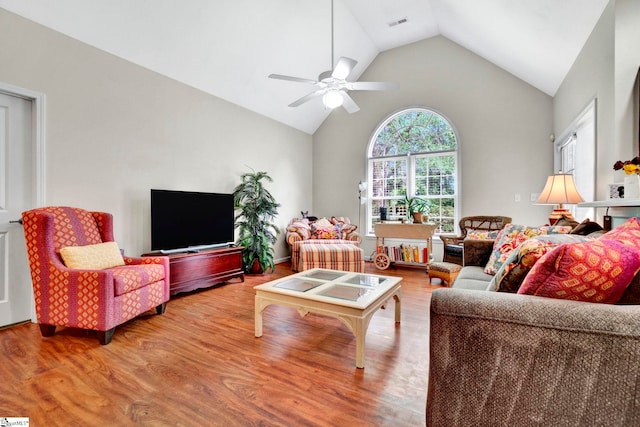 8 Knob Creek Ct, Greer, SC 29651 - living area featuring lofted ceiling, wood finished floors, and a ceiling fan