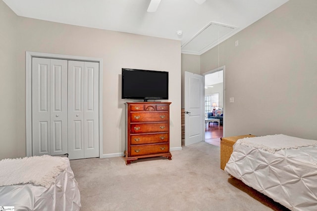 8 Knob Creek Ct, Greer, SC 29651 - bedroom with attic access, light colored carpet, a closet, and ceiling fan