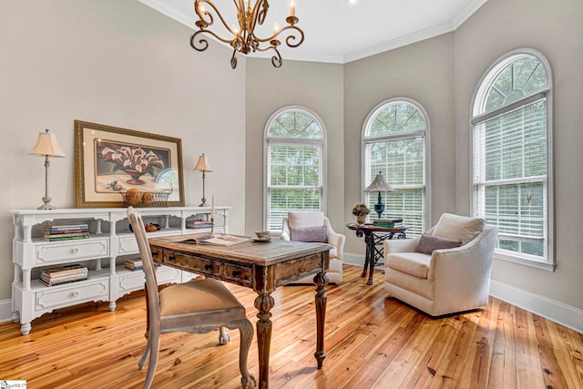 8 Knob Creek Ct, Greer, SC 29651 - home office with crown molding, a chandelier, light wood-type flooring, and baseboards
