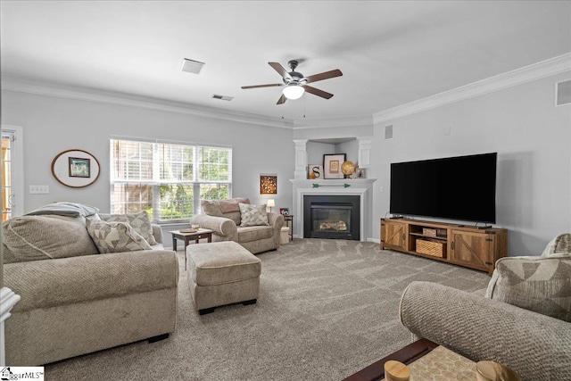 3 Clifford Ct, Simpsonville, SC 29681 - living area with crown molding, ceiling fan, carpet flooring, and a glass covered fireplace