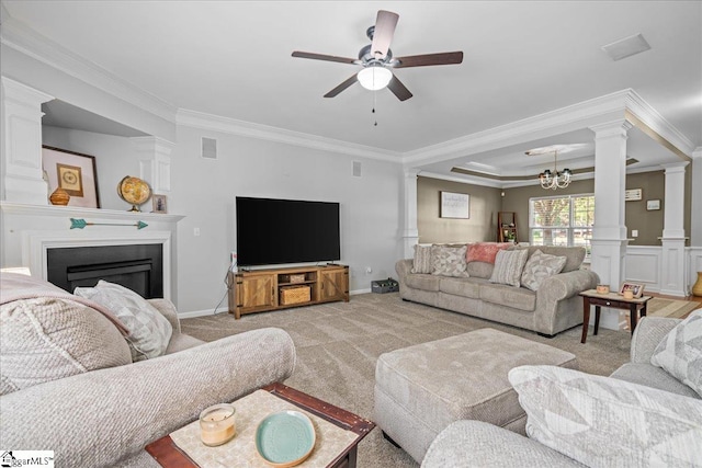3 Clifford Ct, Simpsonville, SC 29681 - living room with ornate columns, crown molding, light colored carpet, ceiling fan, and a fireplace