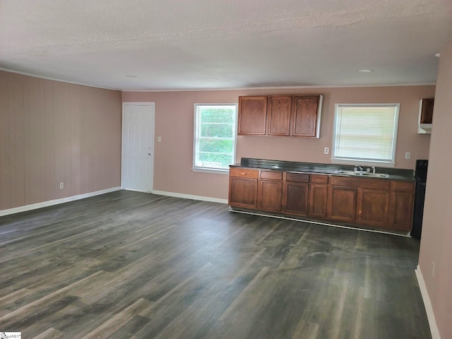 200 Lincoln Dr, Gaffney, SC 29341 - kitchen with dark wood-style floors, dark countertops, baseboards, crown molding, and a textured ceiling