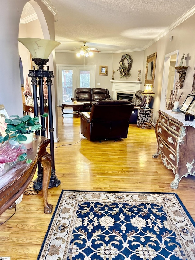 191 Amberwood Dr, Anderson, SC 29621 - living area with crown molding, wood finished floors, arched walkways, a textured ceiling, and a fireplace