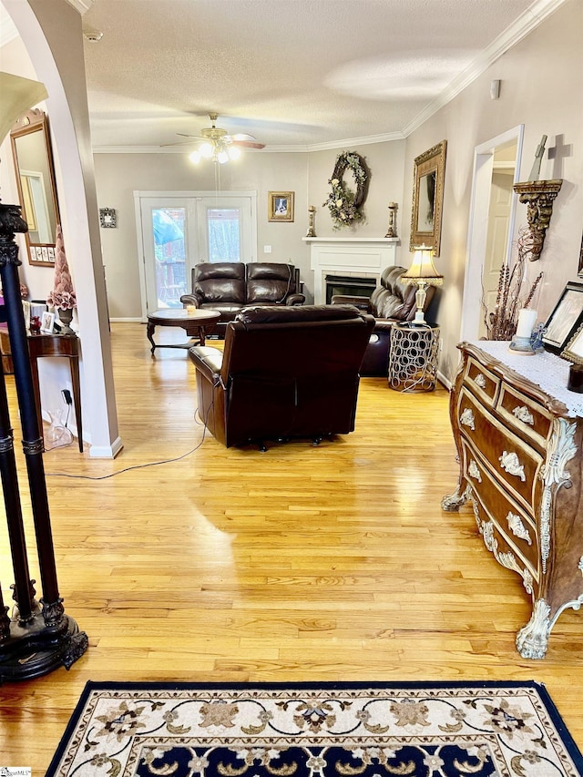 191 Amberwood Dr, Anderson, SC 29621 - living room featuring ornamental molding, light wood-type flooring, a fireplace, a ceiling fan, and arched walkways