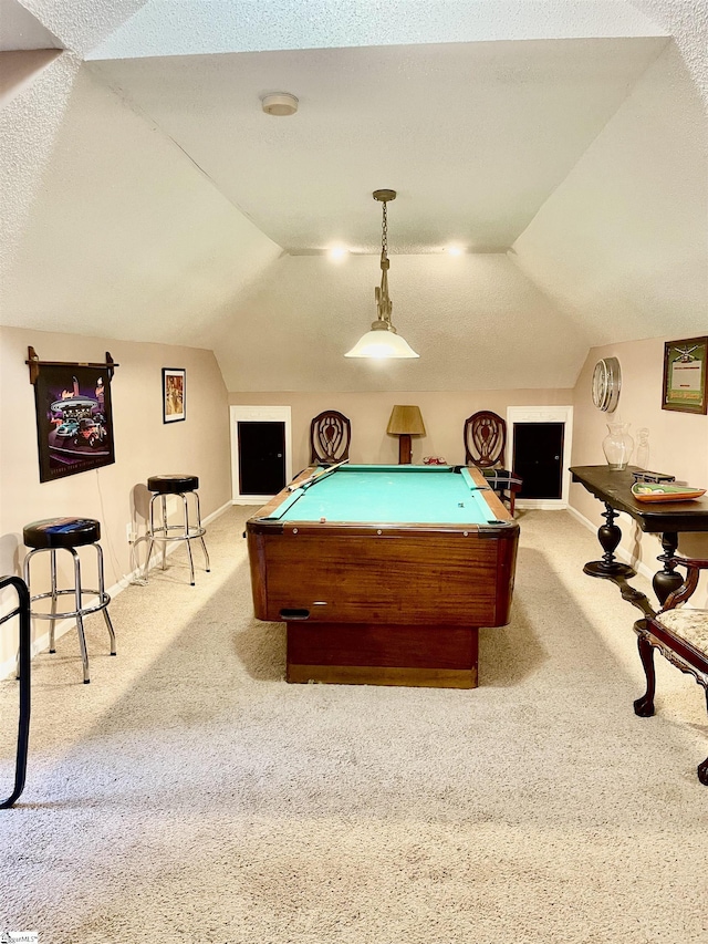 191 Amberwood Dr, Anderson, SC 29621 - rec room featuring vaulted ceiling, carpet floors, baseboards, and billiards table