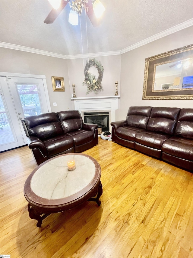 191 Amberwood Dr, Anderson, SC 29621 - living area with wood finished floors, a glass covered fireplace, a ceiling fan, ornamental molding, and a textured ceiling