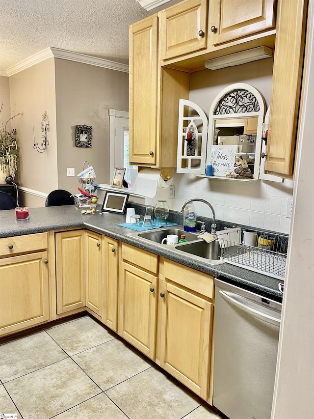 191 Amberwood Dr, Anderson, SC 29621 - kitchen with stainless steel dishwasher, light brown cabinets, crown molding, a sink, and light tile patterned floors