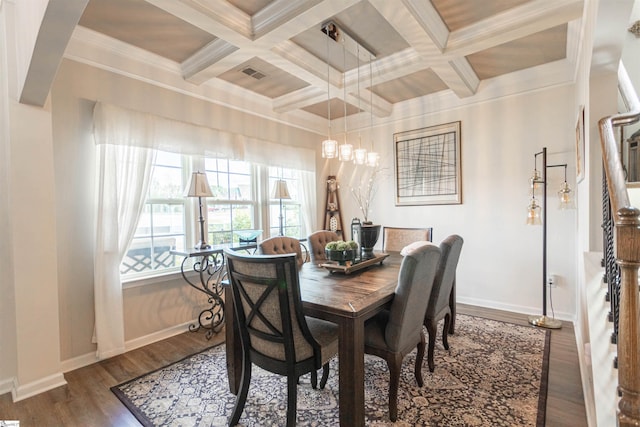 111 Crisp Cameo Ct, Greer, SC 29651 - dining area with coffered ceiling, beamed ceiling, baseboards, wood finished floors, and crown molding