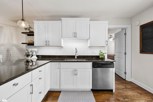 26 Briarcliff Dr, Greenville, SC 29607 - kitchen featuring stainless steel dishwasher, a sink, open shelves, and decorative backsplash