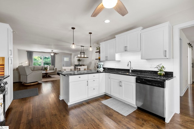 26 Briarcliff Dr, Greenville, SC 29607 - kitchen with dishwasher, ceiling fan, a sink, open floor plan, and a peninsula