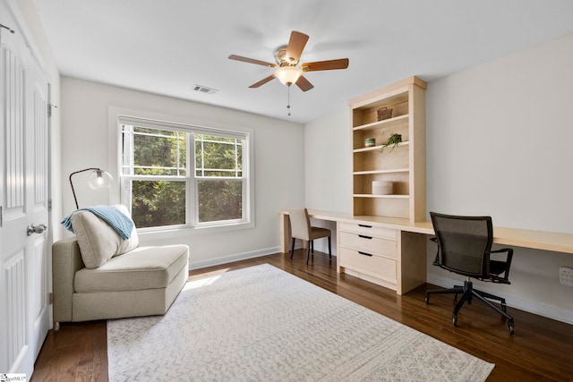 26 Briarcliff Dr, Greenville, SC 29607 - office area featuring a ceiling fan, dark wood finished floors, and built in study area