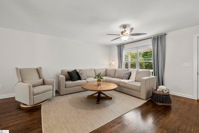 26 Briarcliff Dr, Greenville, SC 29607 - living room featuring ceiling fan, dark wood finished floors, and baseboards